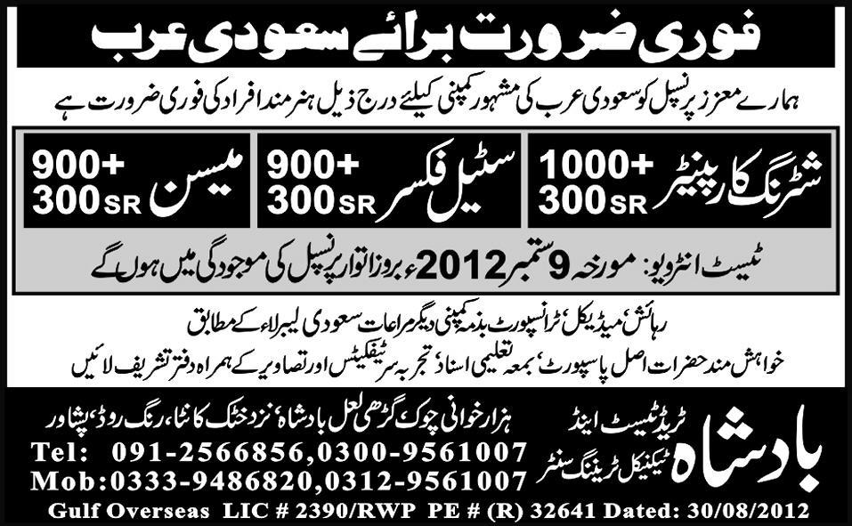 Shuttering Carpenter and Mason Required for Saudi Arabia