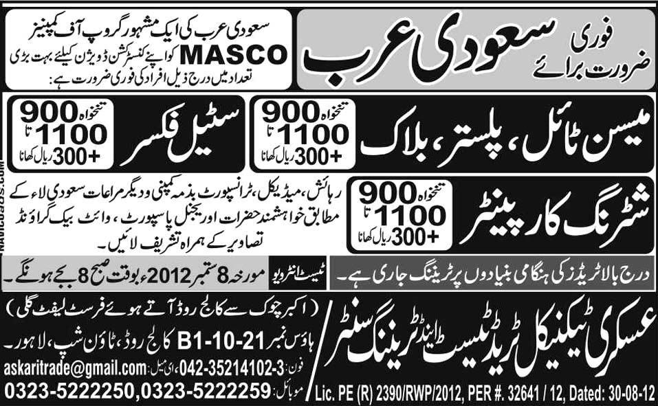 Mason, Shuttering Carpenter and Steel Fixer Required by Askari Technical Trade Test Centre for Saudi Arabia