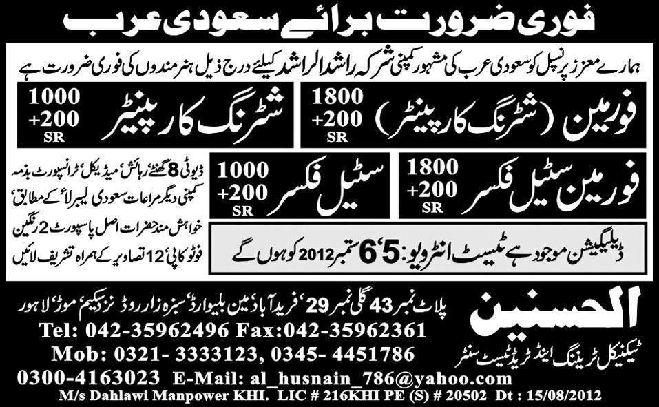 Construction Staff Required by Al-Husnain Technical Trade Test Centre for Saudi Arabia