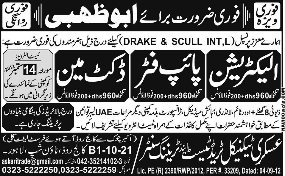 Pipe Fitter, Electrician and Duct Man Required for Abu Dhabi