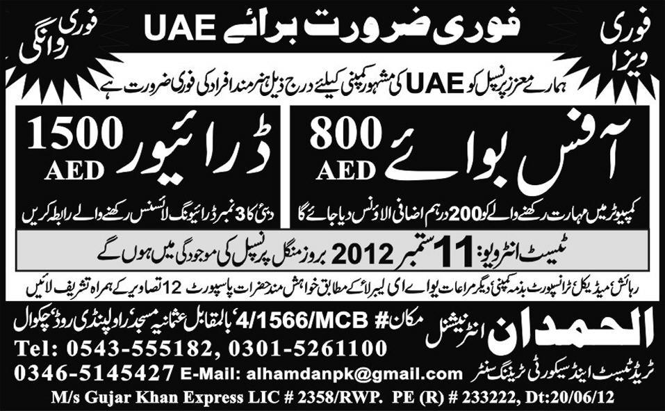 Office Boy and Driver Required for UAE