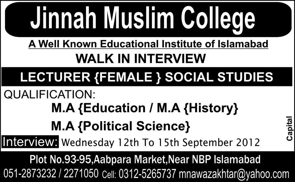 Female Lecturer Social Studies Required by Jinnah Muslim College
