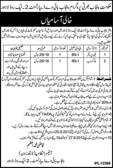 Punjab Highway Department Required Khakrob and Fero Printer (Government Job)