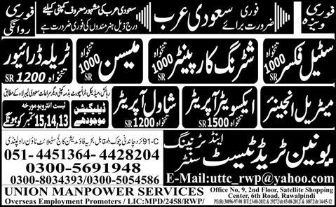Material Engineer and Construction Staff Required by Union Trade Test Centre for Saudi Arabia