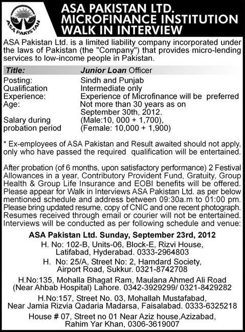 ASA Pakistan Ltd Microfinance Institution Requires Junior Loan Officer