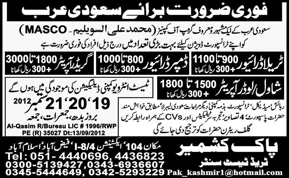 HTV Driver and Operator Required by Pak Kashmir Trade Test Centre for Saudi Arabia