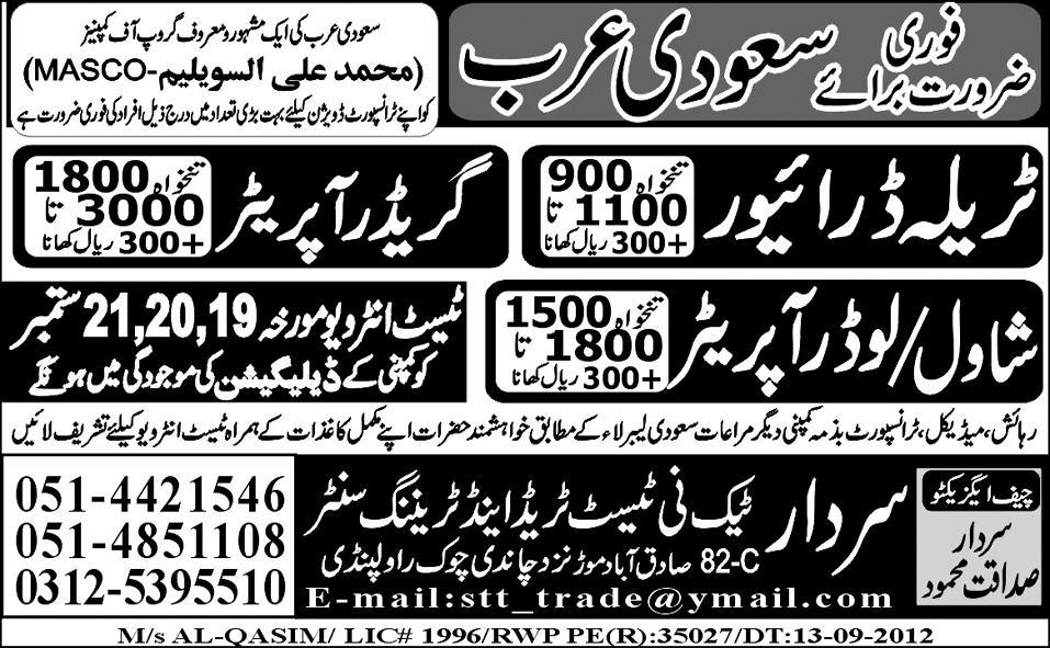 Operators and Driver Required by Sardar Tech-ni-Test Trade Test Centre for Saudi Arabia