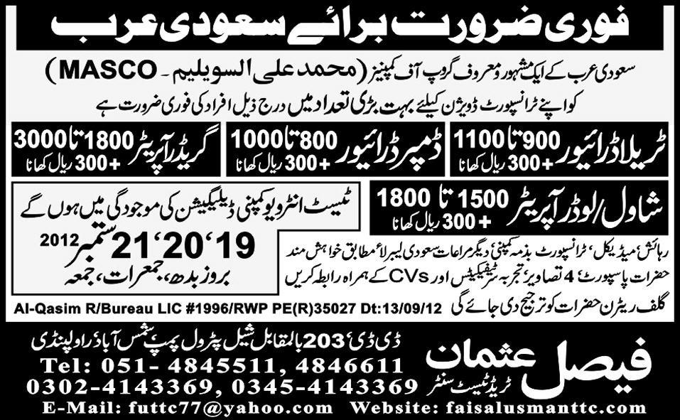 Operators and Driver Required by Faisal Usman Trade Test Centre for Saudi Arabia