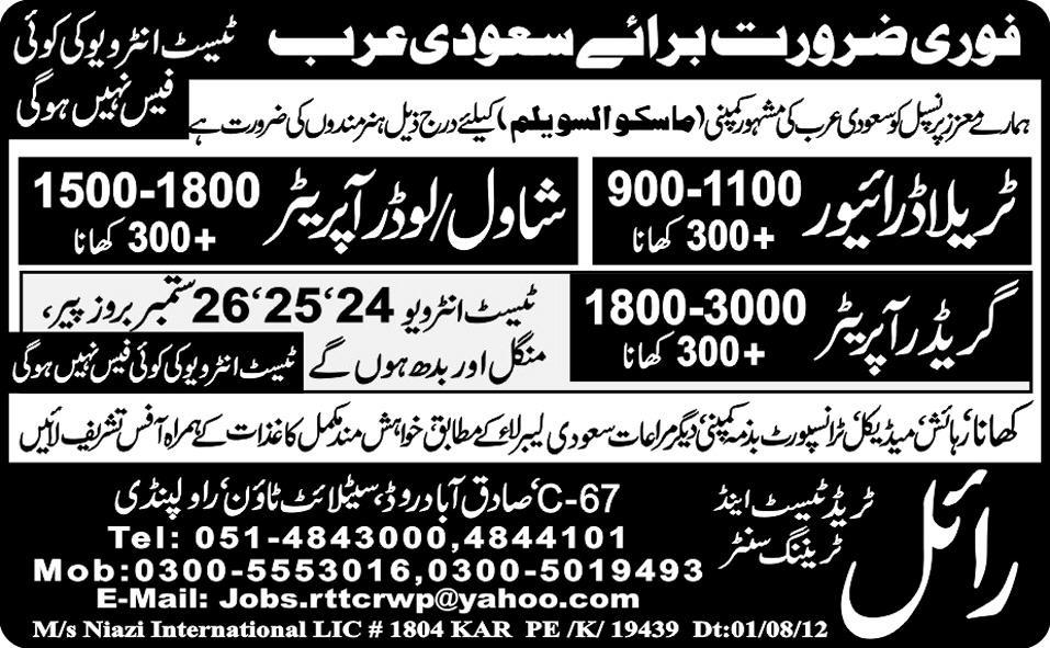 Operators and Driver Required by Royal Trade Test and Training Centre for Saudi Arabia
