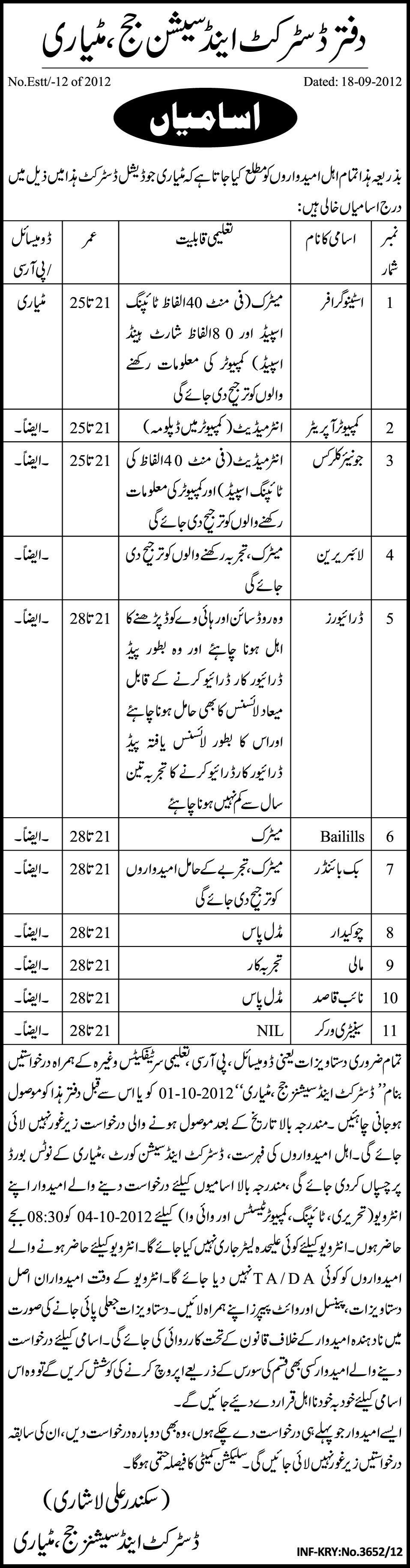 Clerical and Support Staff Required at The Office of District and Session Judge Matyari (Government Job)