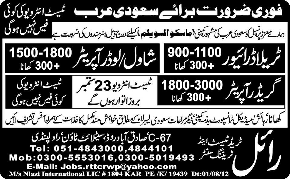 Operators and Driver Required by Royal Trade Test and Training Centre for Saudi Arabia