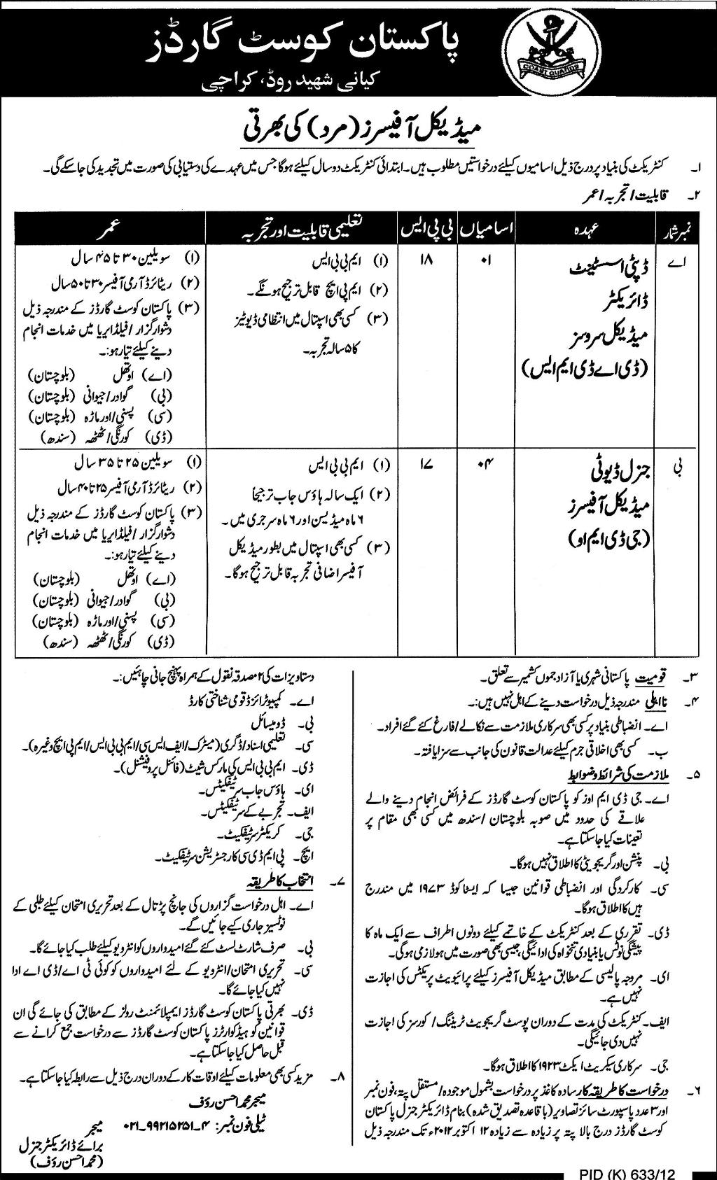 Pakistan Coast Guards Requires Medical Professionals (Government Job)