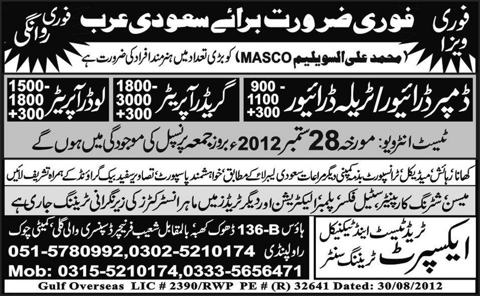 Drivers and Operators Required by Expert Trade Test Centre for Saudi Arabia
