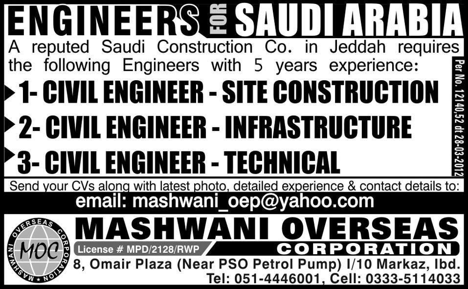 Construction Engineering Staff Required for Saudi Arabia