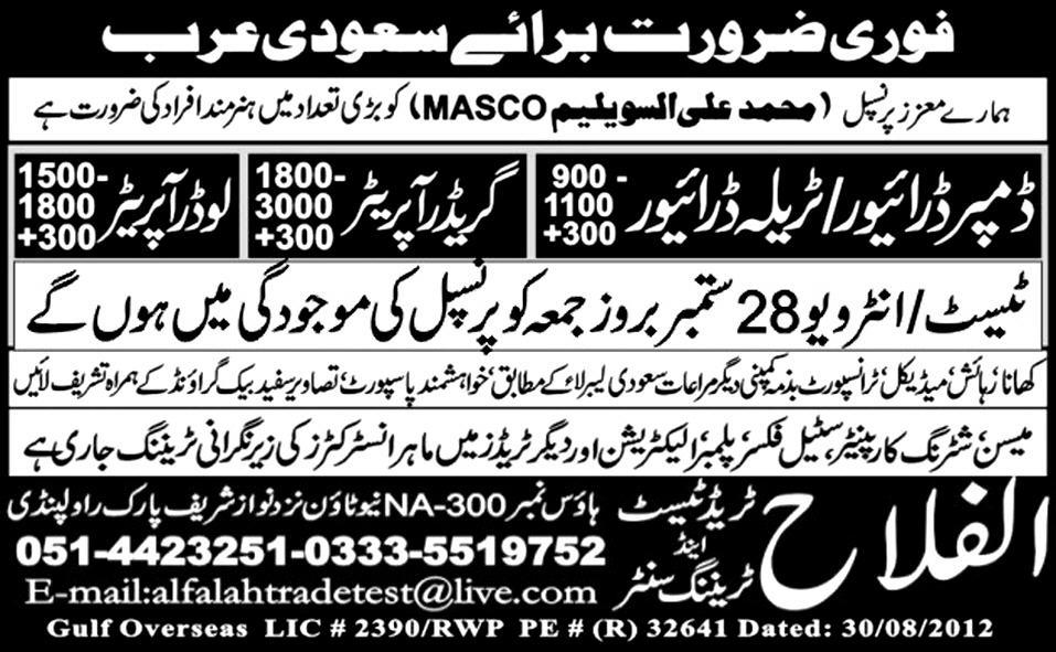 HTV/ LTV Drivers and Operators Required by Al-Falah Trade Test Centre for Saudi Arabia
