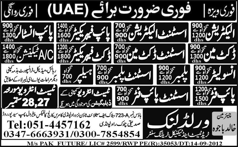 Technical and Mechanical Staff Required by World Link Trade Test Centre for UAE