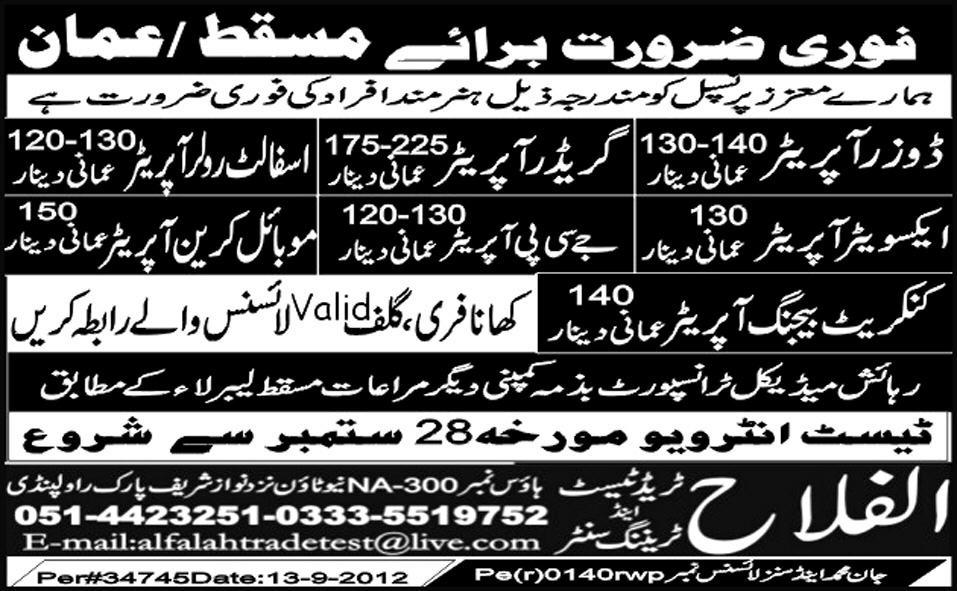 Construction Operators Required for Masqat/Oman
