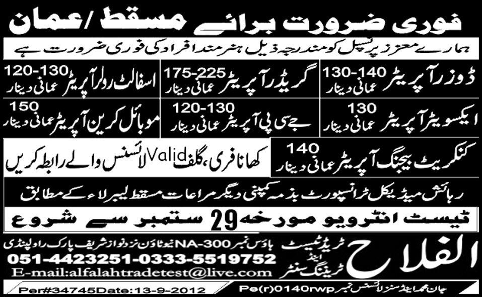 Construction Staff Required for Masqat/Oman