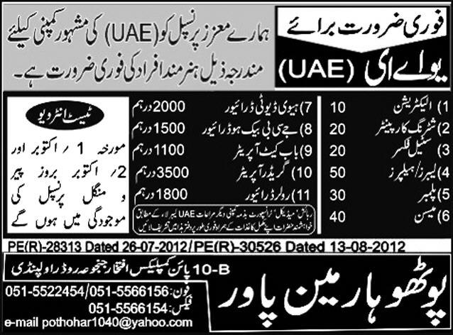 Construction Staff Required by Pothohar Man Power for UAE