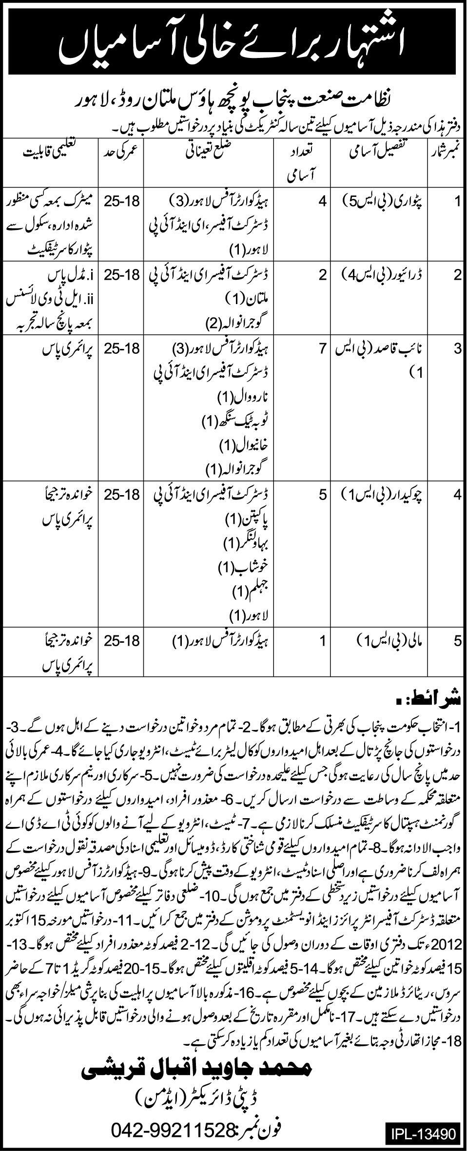 Directorate of Industries Punjab Poonch House Lahore Jobs (Government Jobs)