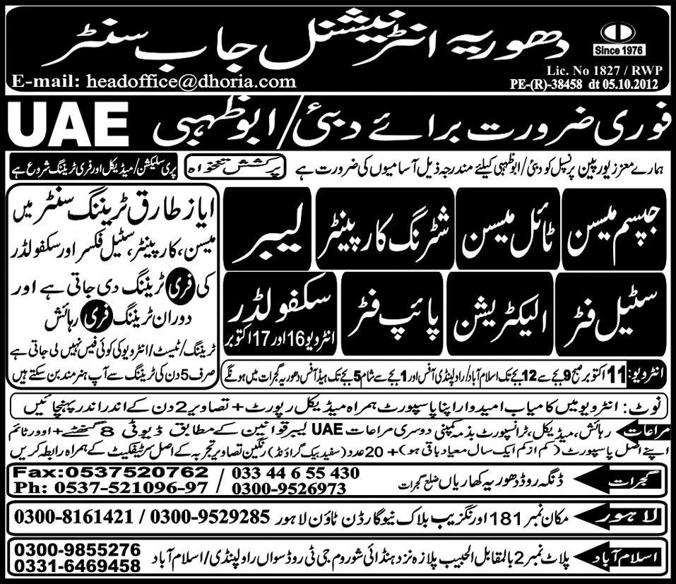 Construction and Other Staff Required for Abu Dhabi and Dubai, UAE