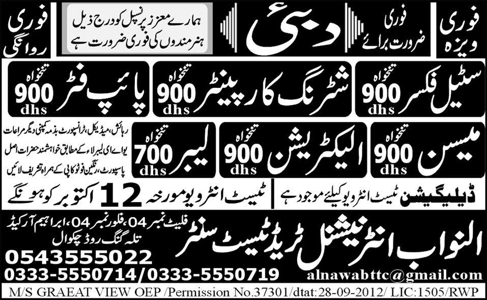 Construction and Other Staff Required for Dubai, UAE