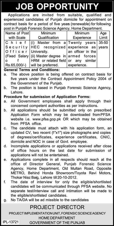 Chief Security Officer Required in Punjab Forensic Science Agency, Home Department