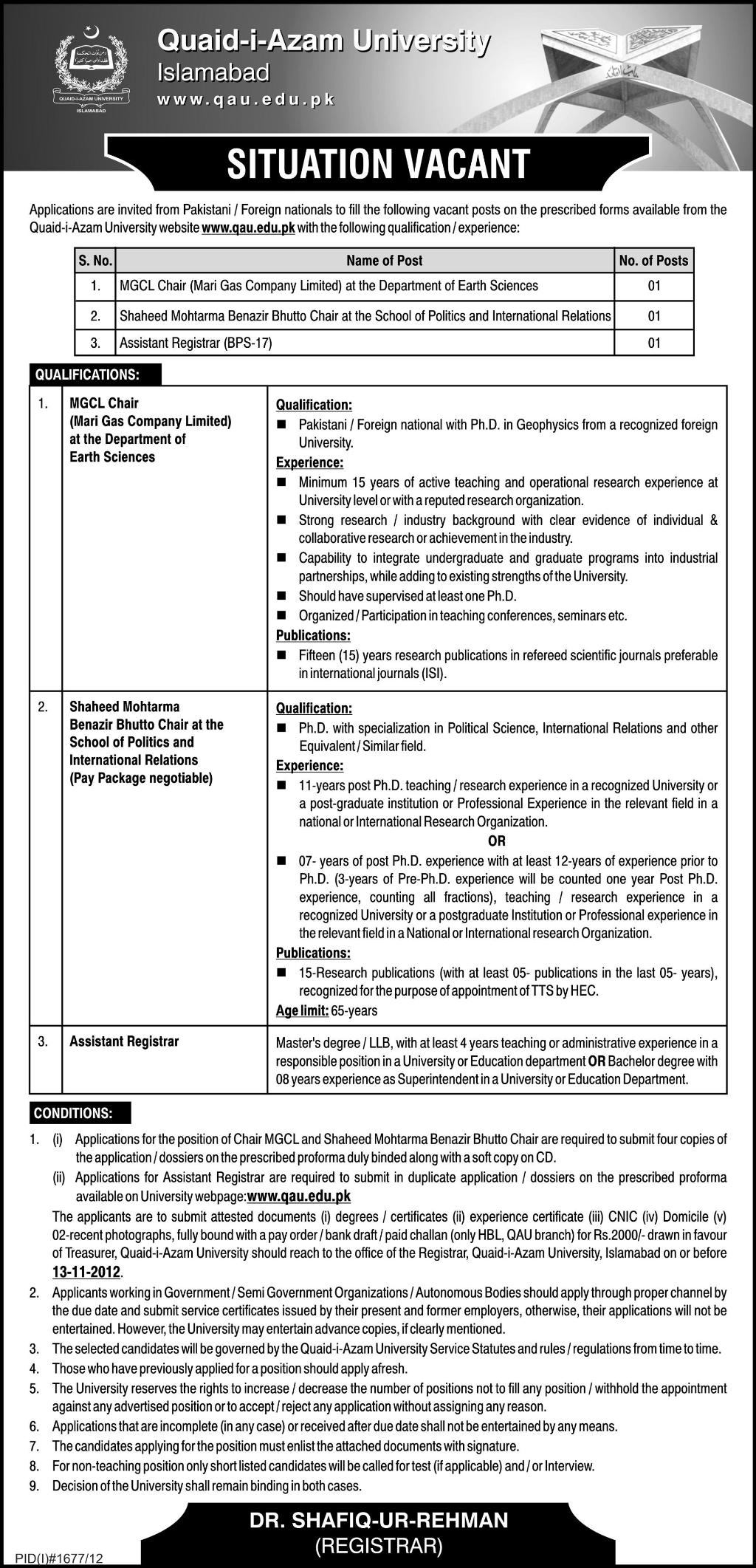 Jobs in Quaid-i-Azam University