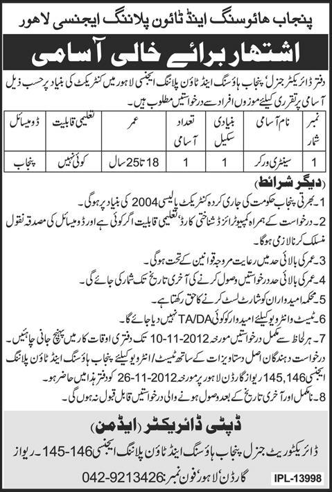 Jobs in Pujab Housing and Town Plannig Agency, Lahore