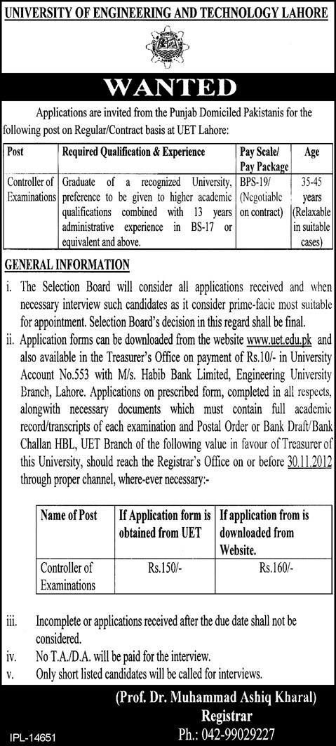 UET Lahore Needs Controller of Examinations