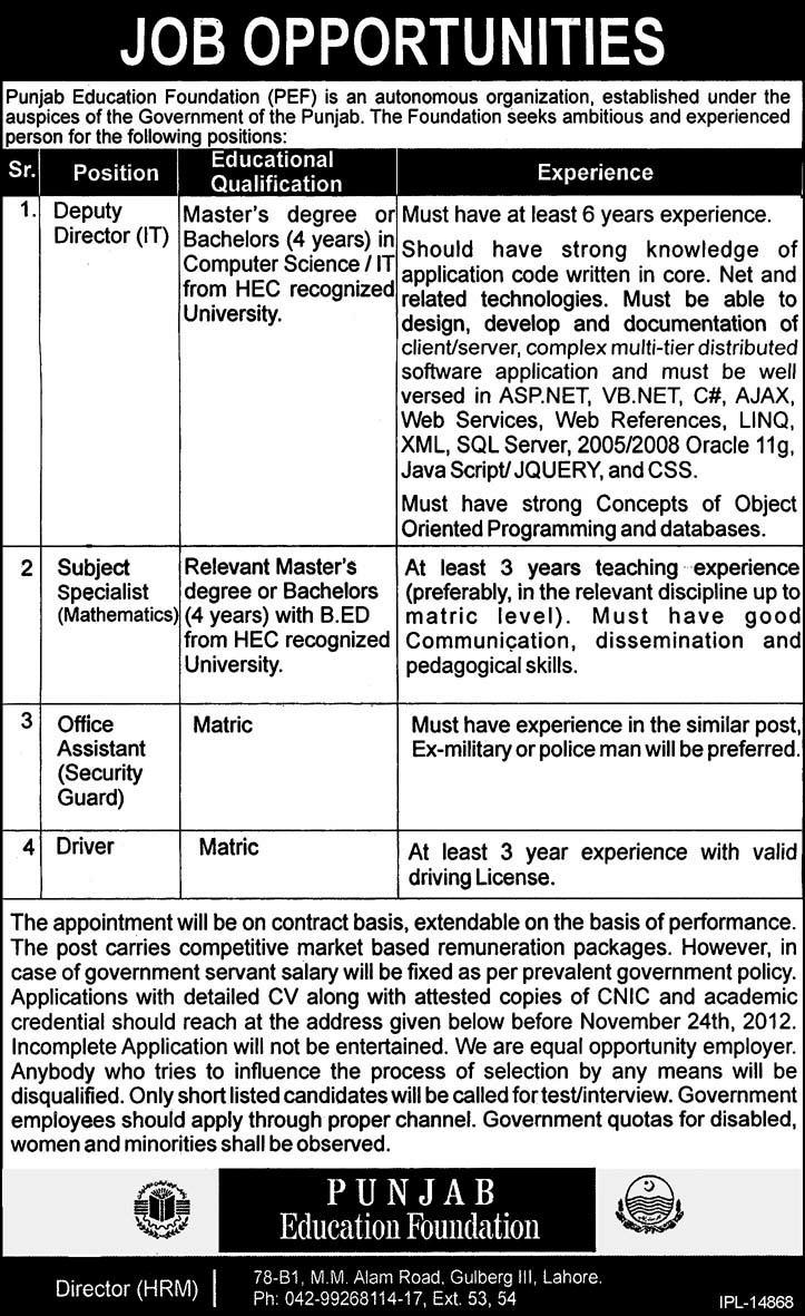 Punjab Education Foundation (PEF) Jobs