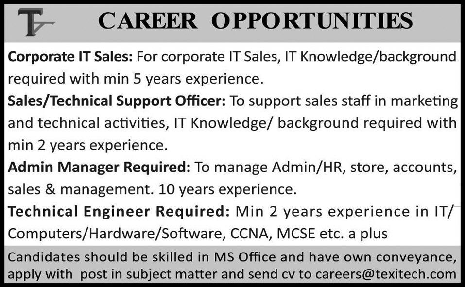 Texitech Requires Sales, Support, Admin & Technical Staff