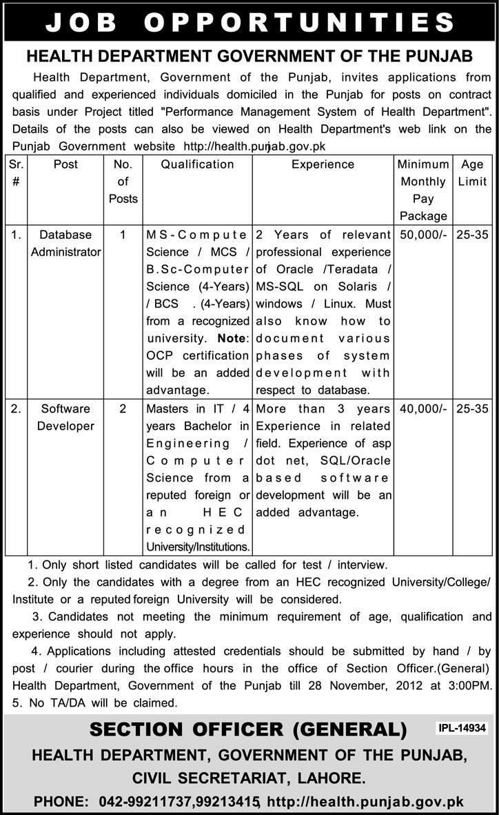 Health Department Punjab Jobs 2012 Government of Punjab