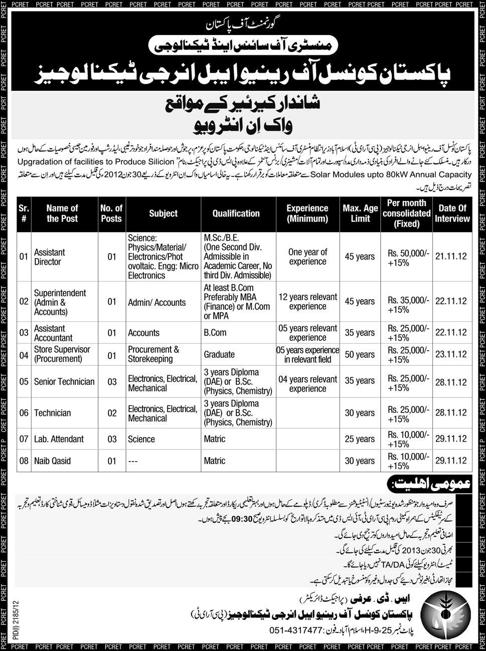 PCRET Jobs 2012 Pakistan Council for Renewable Energy Technologies