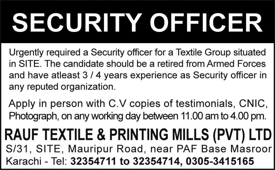 Rauf Textile & Printing Mills Requires Security Officer