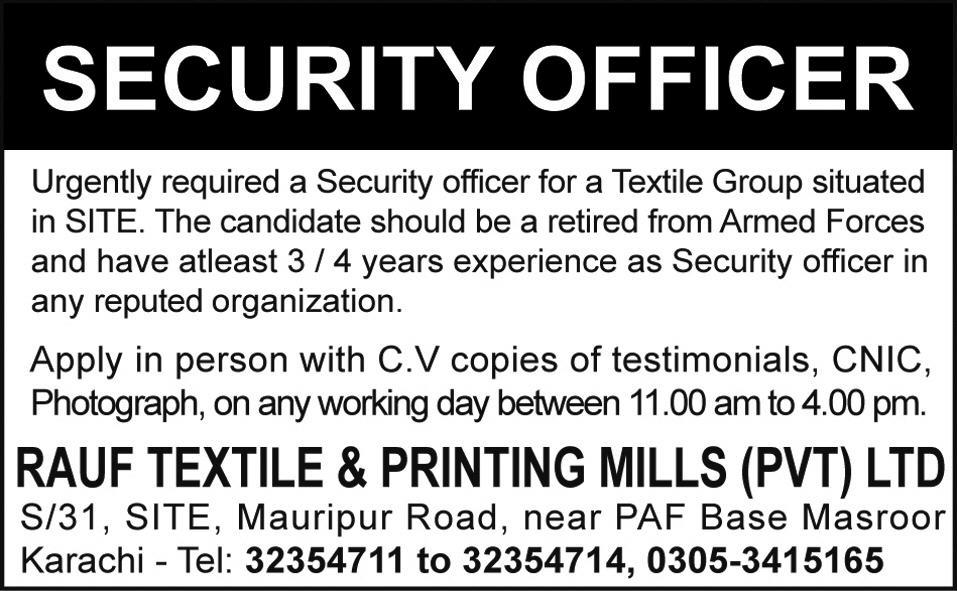 Security Officer Needed at Rauf Textile & Printing Mills (Daily Express Ad)