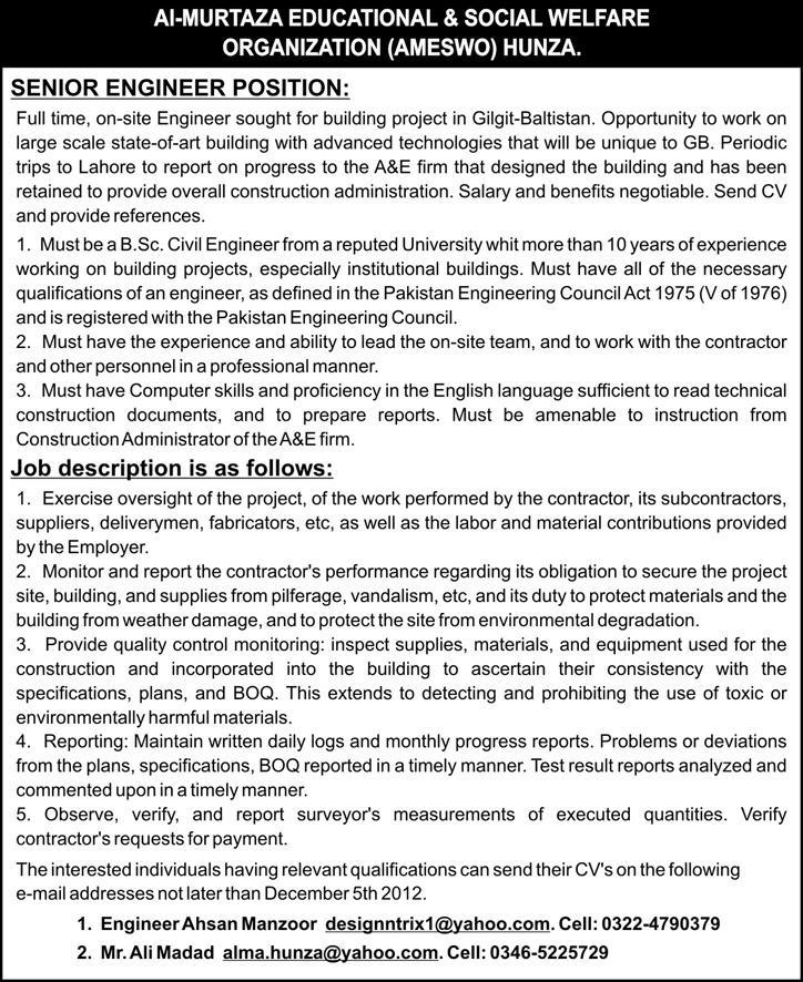 AMESWO Job for Senior Engineer 2012 Al-Murtaza Hunza