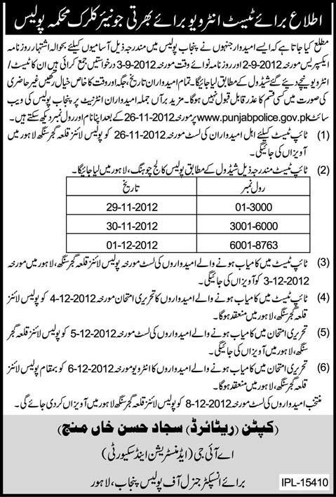 Call for Interview for Junior Clerk Punjab Police Department