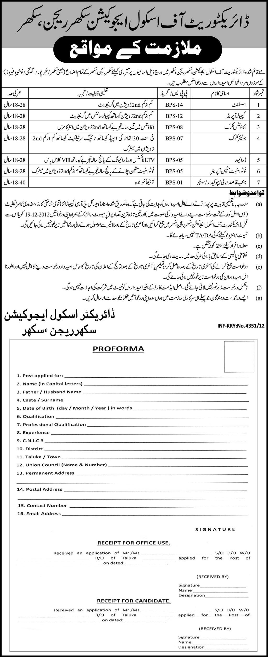 Directorate of School Education Sukkur Jobs 2012 November