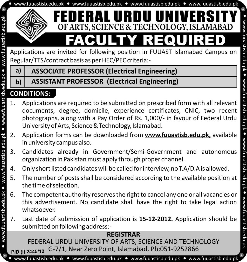 FUUAST Islamabad Requires Faculty for Electrical Engineering