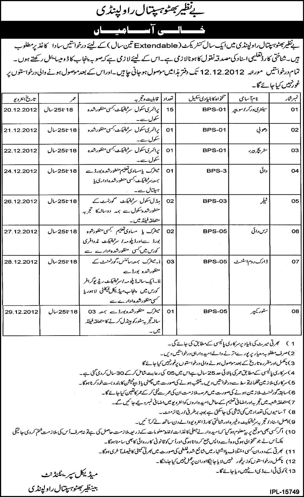 Benazir Bhutto Hospital Rawalpindi Staff Jobs 2012 (General Hospital)