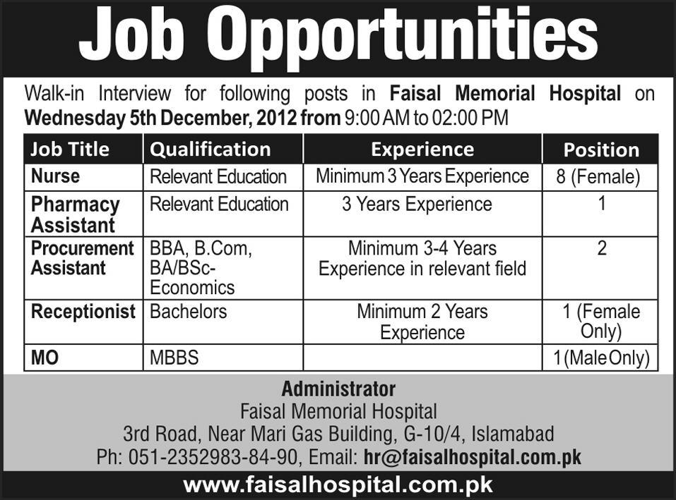 Faisal Memorial Hospital Islamabad Jobs