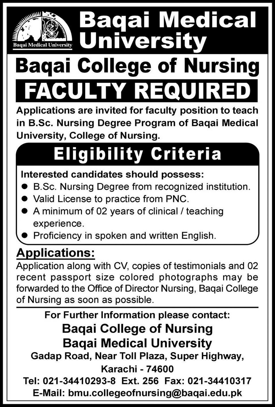 Baqai College of Nursing Requires Faculty - Baqai Medical University