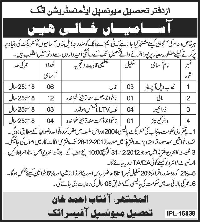 TMA Attock Jobs 2012 December