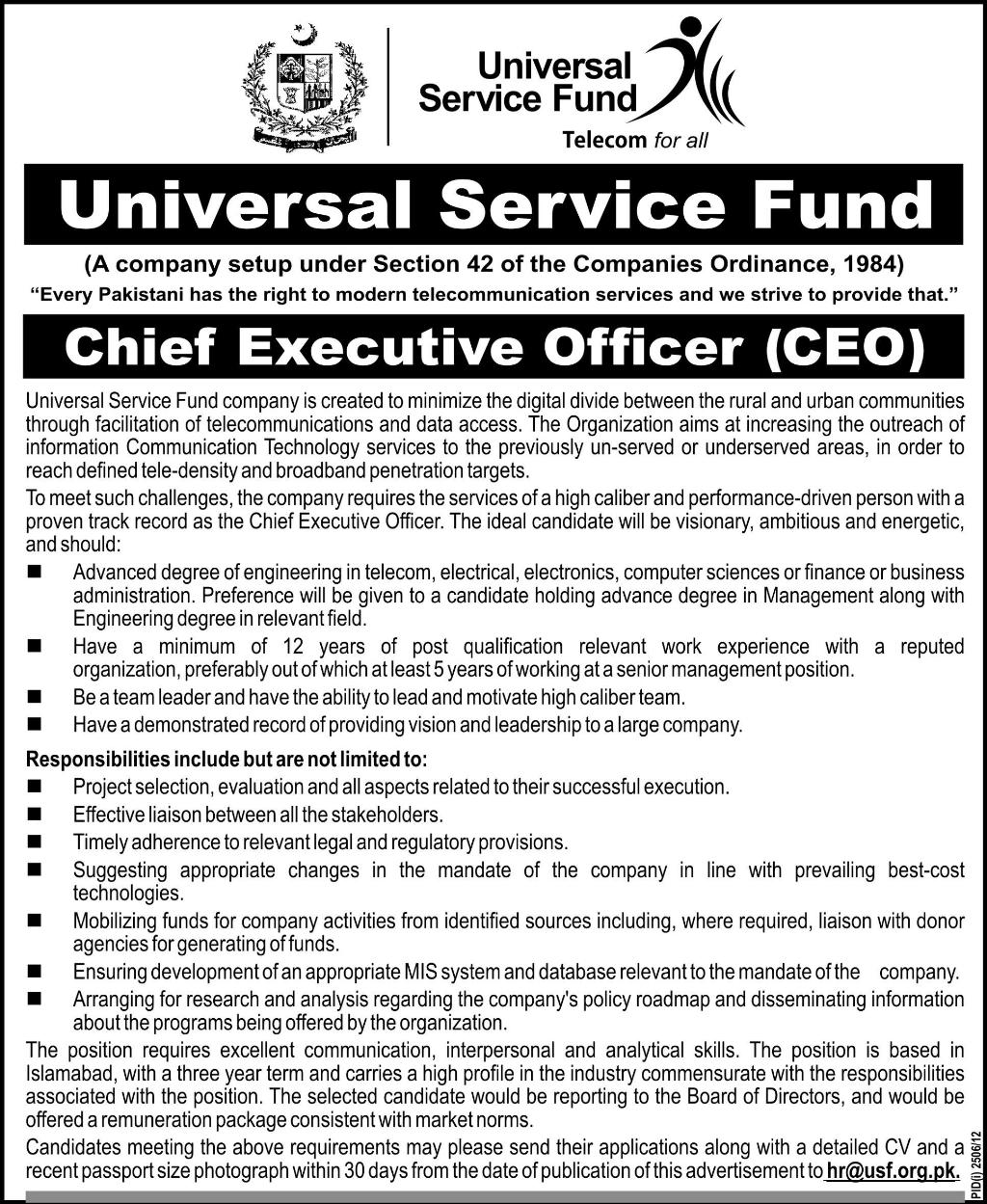 Universal Service Fund Requires Chief Executive Officer (CEO)