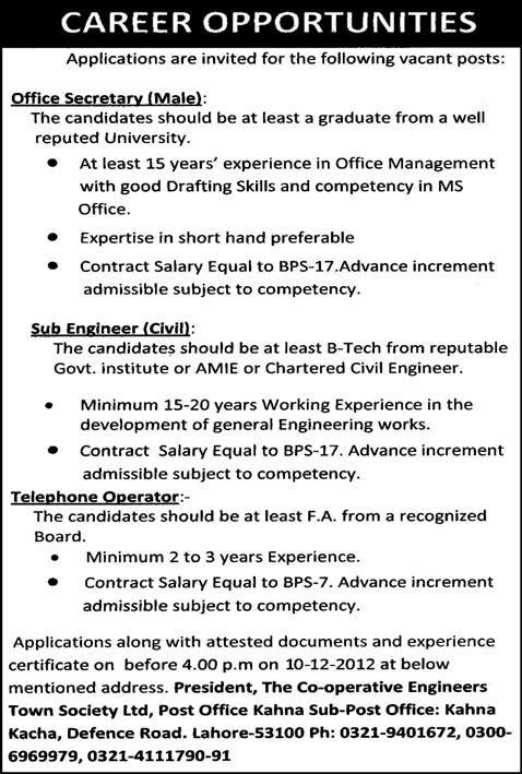 The Cooperative Engineers Town Society Ltd. Lahore Jobs