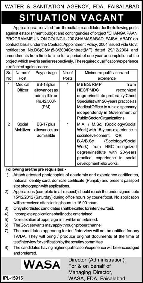 WASA Jobs in Faisalabad 2012 FDA for Medical Officer & Social Mobilizer