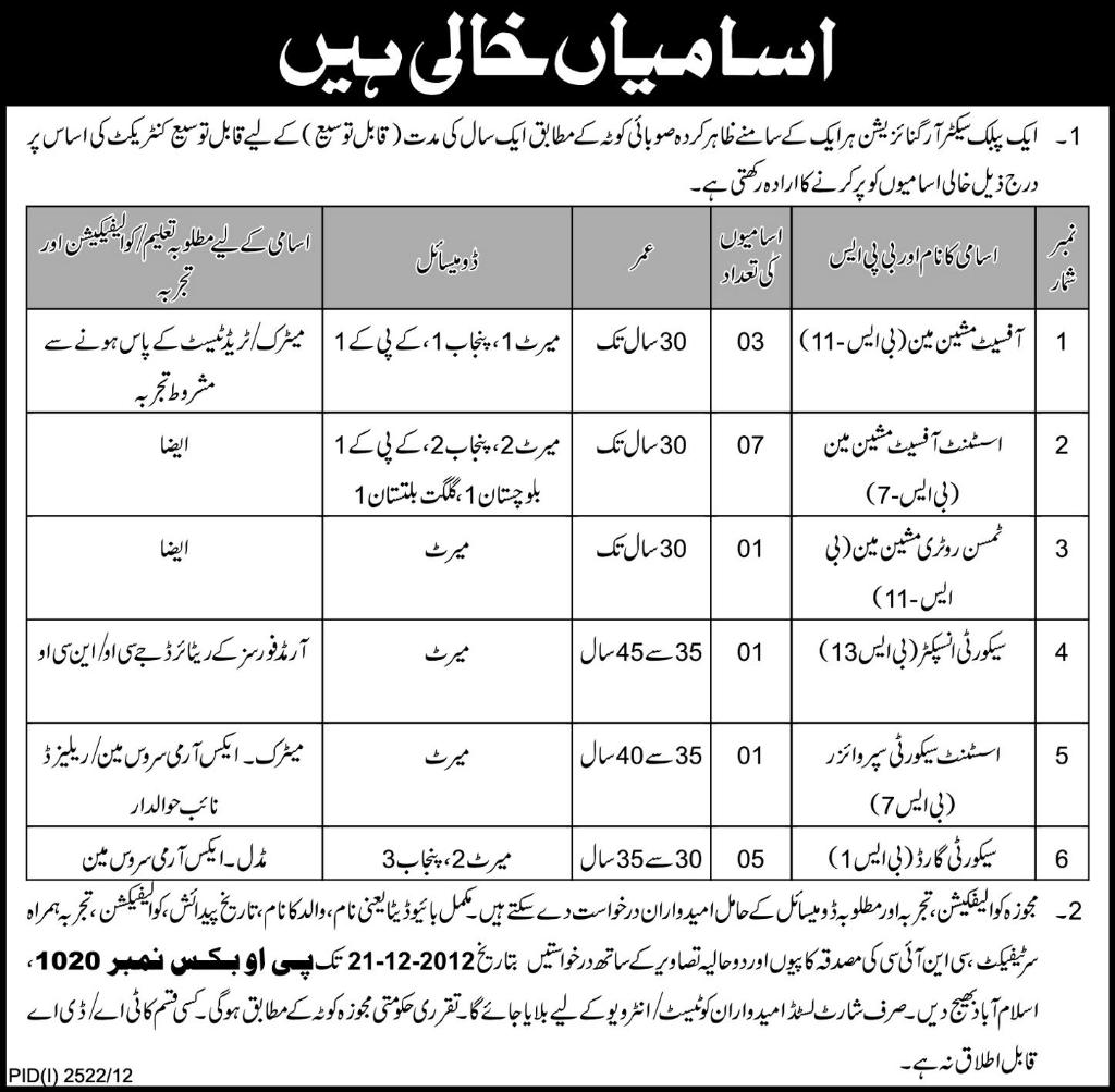 PO Box 1020 Islamabad Jobs 2012 in a Public Sector Organization