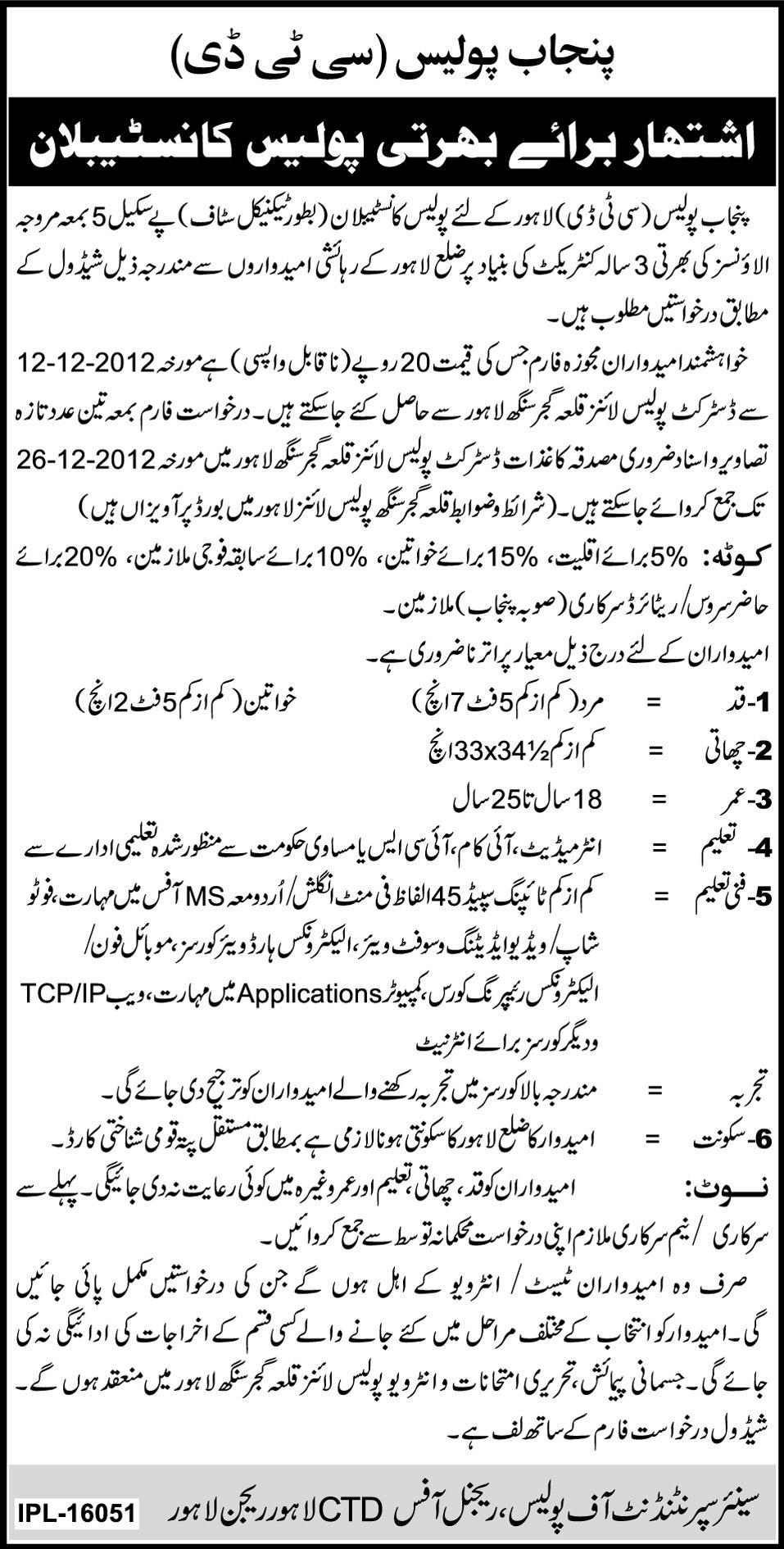 Constable Jobs in Punjab Police 2012 Lahore in CTD