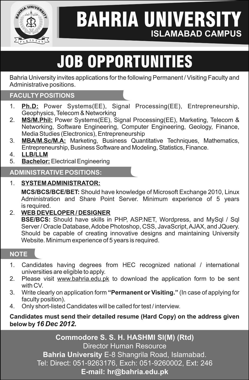Bahria University Islamabad Jobs 2012 for Faculty & Administrative Positions